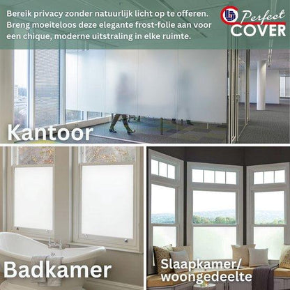 Frosted privacy film op een wit raamkozijn, zacht grijs en mat, biedt privacy terwijl het licht doorlaat. Ideaal voor woonruimtes en kantoren waar privacy en lichtdoorlatendheid belangrijk zijn.