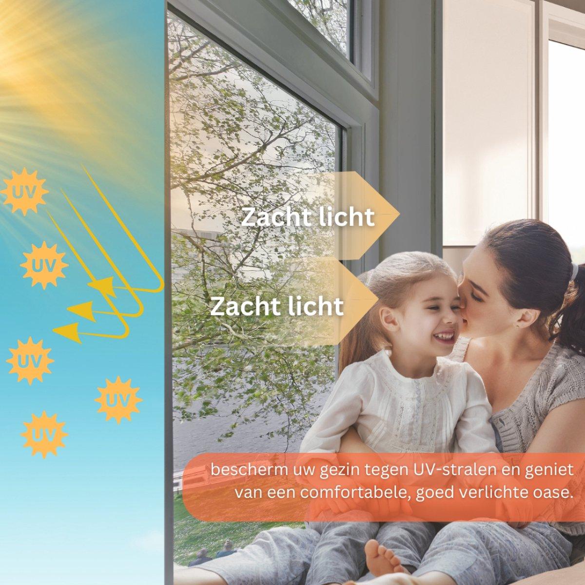 Een witte raamlijst met een helder glaspaneel, waarachter een zacht verlicht interieur en groene buitenruimte zichtbaar zijn. Perfect voor moderne woningverbouwing of energiezuinige ramen.