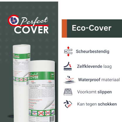 Een witte, opgerolde beschermingsfolie van Perfect Cover, met groen etiket en barcode, geschikt voor tuinmeubilair en plantenbescherming tegen regen en zon.