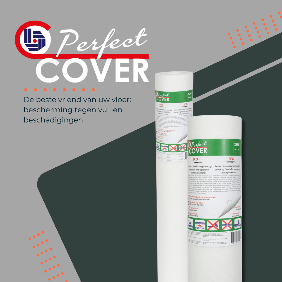Een witte, rollende beschermingsfolie van Perfect Cover, met groen etiket en barcode, geschikt voor tuinmeubilair en plantenbescherming tegen regen en zon.