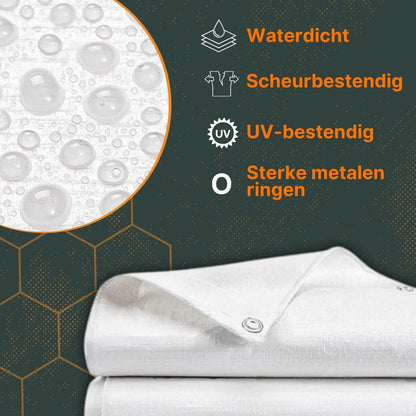 Een witte, ultra-sterk dekzeil van Dekshield, verpakt in transparante folie, met duidelijke labeldetails. Geschikt voor bescherming van tuinmeubilair en buitenopslag tegen weer en vocht.