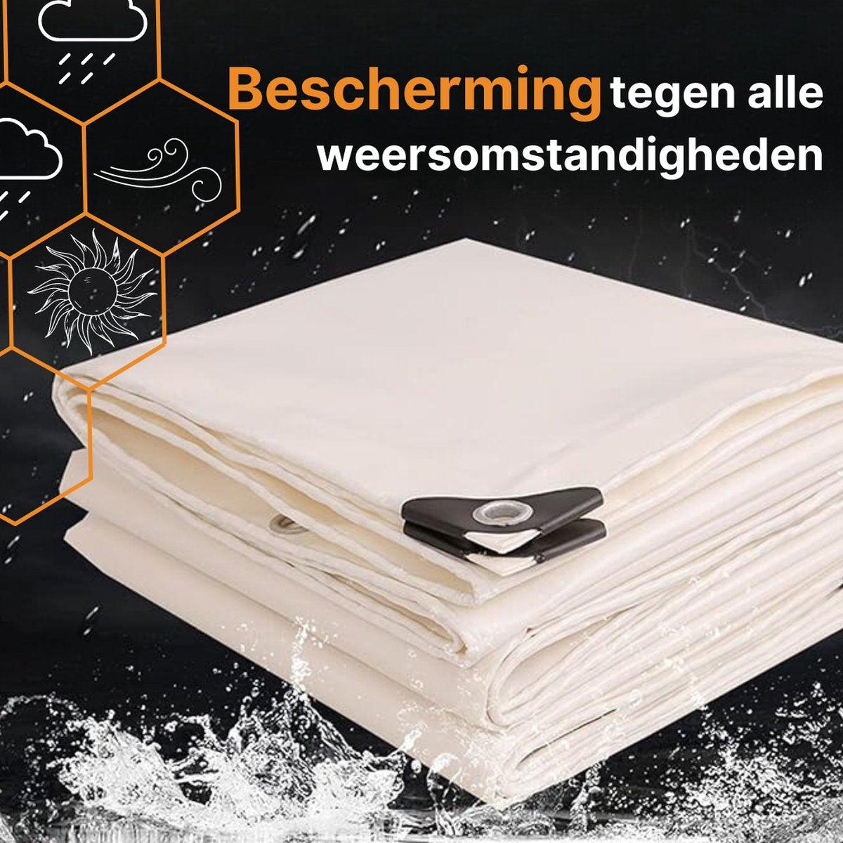 Een witte, ultra-sterk dekzeil van Dekshield, verpakt in transparante folie, met duidelijke labelinformatie over waterdichtheid en maximale belasting, geschikt voor bescherming van buitenmeubilair.