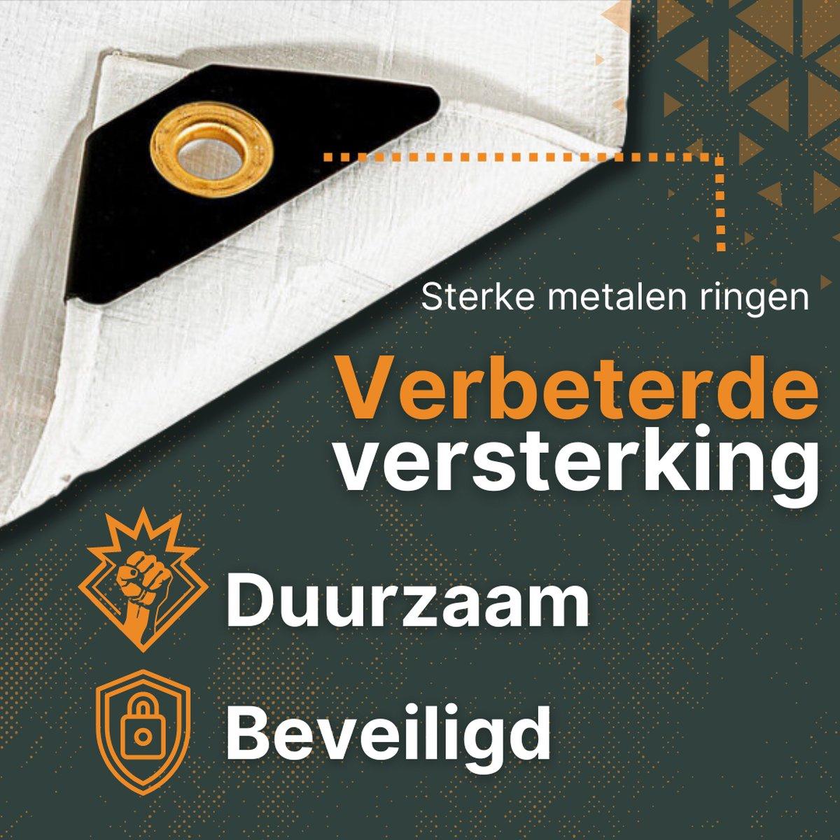 Een witte, ultra-sterk dekzeil van Dekshield, verpakt in transparante folie, met duidelijke labeltekst over waterdichtheid en maximale belasting, geschikt voor bescherming van buitenmeubilair.
