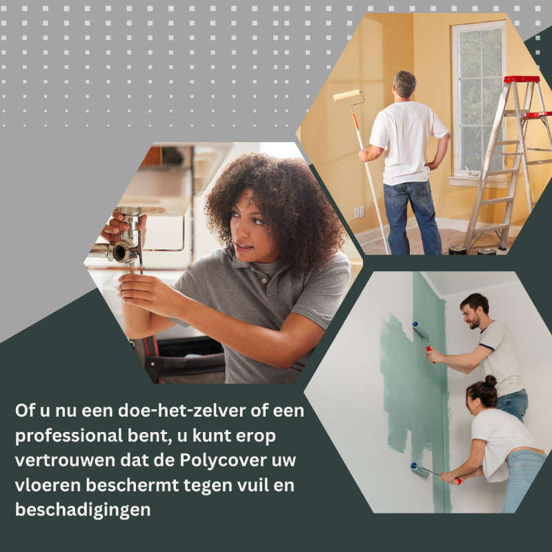 Een roze, cilindrisch rollen van Polycover, met een wit etiket dat de merknaam en gebruiksaanwijzingen toont. Geschikt voor bescherming van meubilair en voorzieningen tijdens verhuizing of renovatie.