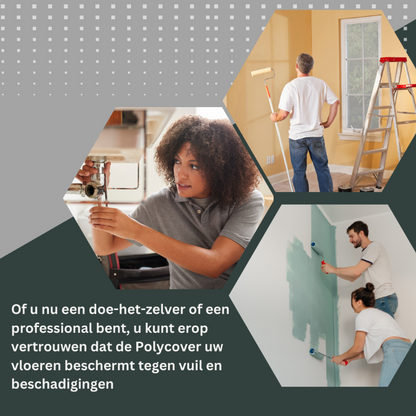 Een roze, cilindrisch rollen van Polycover, met een wit etiket dat de merknaam en gebruiksaanwijzingen toont. Geschikt voor bescherming van meubilair en voorzieningen tijdens verhuizing of renovatie.