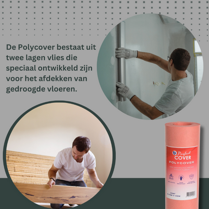 Een roze, cilindrisch rollen van Polycover, met een wit etiket dat het merk en gebruiksaanwijzingen toont, geschikt voor bescherming van meubilair en interieur.