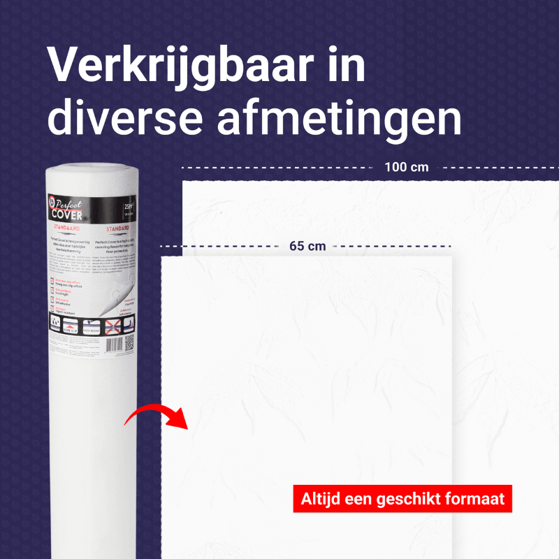 Een witte, opgerolde Perfect Cover beschermfolie voor tafels, met zichtbare label en barcode. Geschikt voor tafelbescherming bij feesten en evenementen.