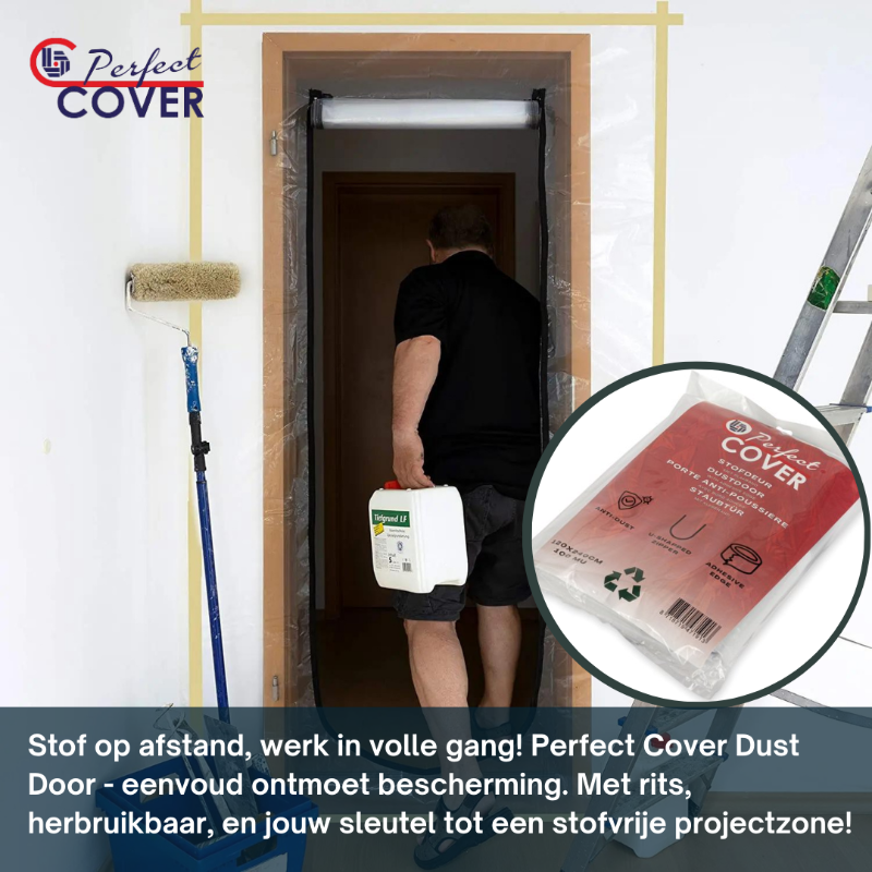 Perfect Cover stofdeur in rood verpakking, met U-vormige rits en anti-dust bescherming, geschikt voor meubels en decoraties, ideaal voor opslag en transport.