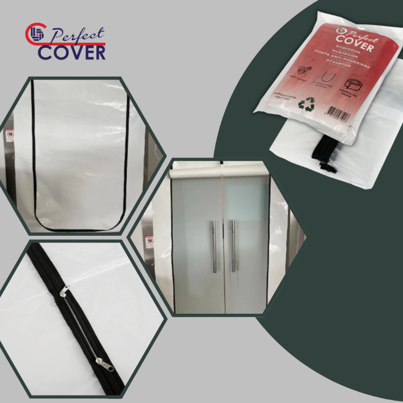 Perfect Cover stofdeur in rood verpakking, met U-vormige rits en anti-dust bescherming, speciaal ontworpen voor meubel- en kastverpakking. Ideaal voor houten meubels en antiekstukken.