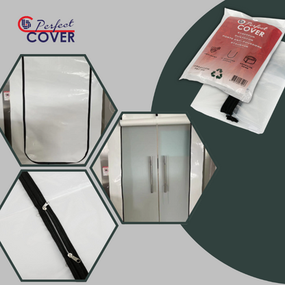 Perfect Cover stofdeur in rood verpakking, met U-vormige rits en anti-dust bescherming, speciaal ontworpen voor meubel- en kastverpakking. Ideaal voor houten meubels en antiekstukken.
