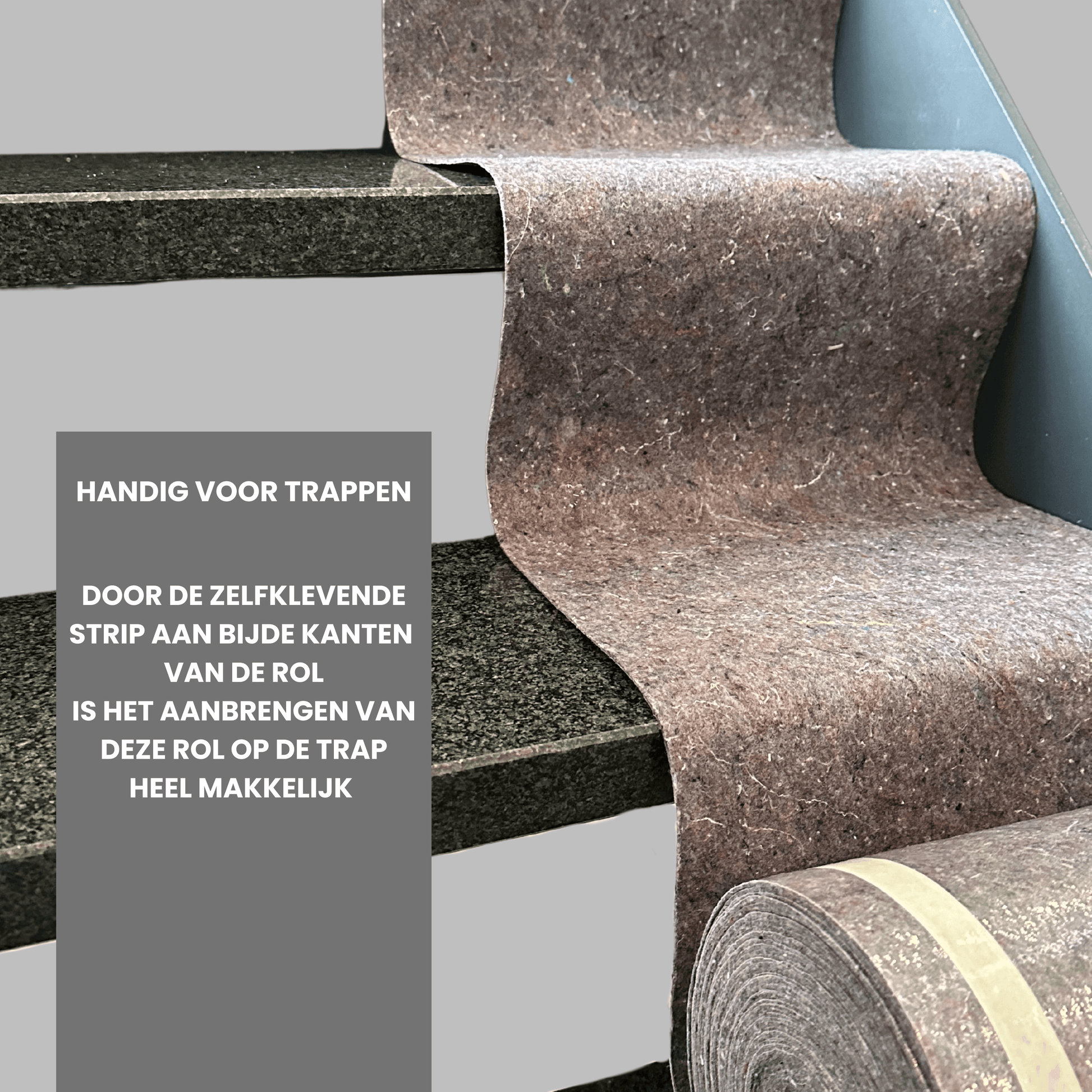 Grijze, textuurrijke isolatiemateriaalrol met zichtbare witte banden, geschikt voor warmteisolatie in bouwprojecten en energiezuinige renovaties.