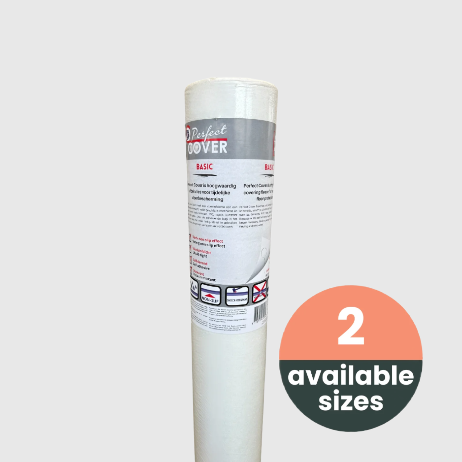 Perfect Cover Basic vloerbescherming in witte rol, met duidelijke productinformatie en non-slip eigenschappen. Geschikt voor tijdelijke vloerbescherming in huishoudelijk gebruik.