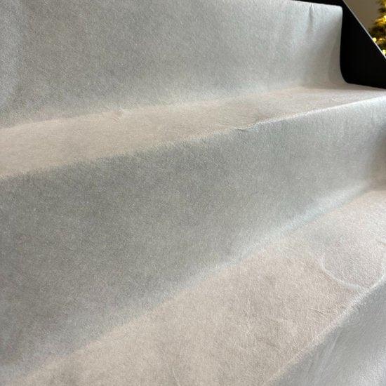 Perfect Cover Basic vloerbescherming in witte rol, met duidelijke productinformatie en non-slip eigenschappen, geschikt voor tijdelijke vloerbescherming bij renovatie of evenementen.