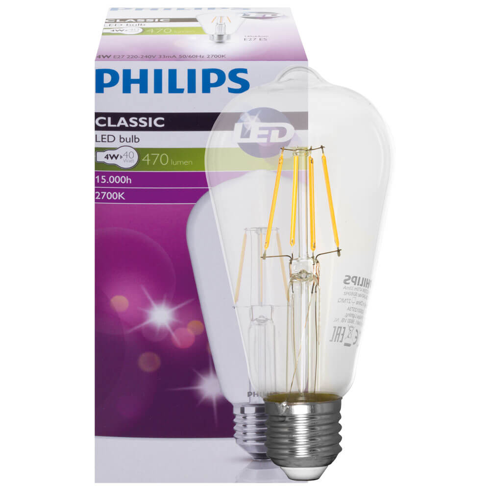 Philips E27 LED Filamentlamp - Transparant - Warm wit licht - 4W vervangt 40W