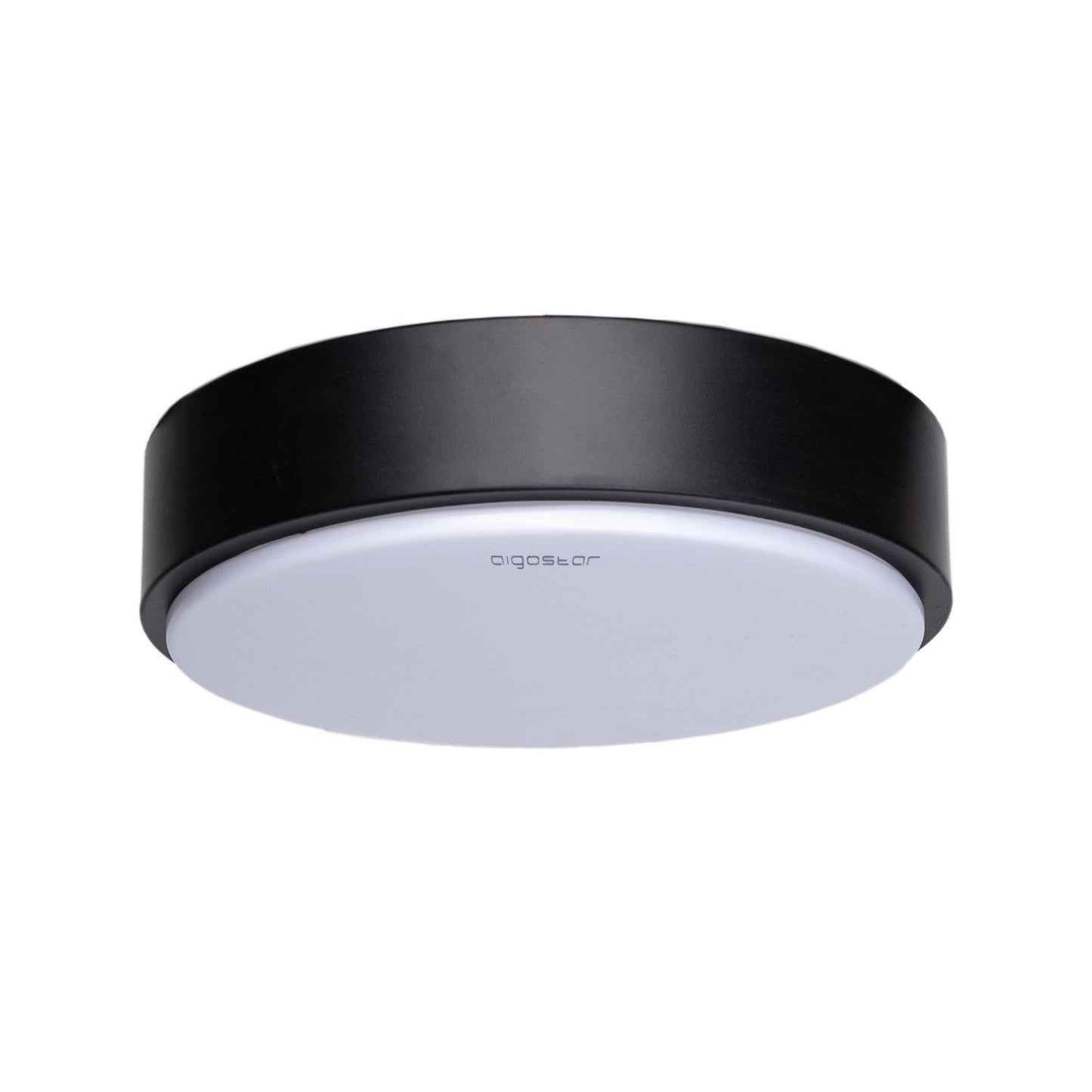 Een moderne, ronde plafondlamp met een zwart metalen frame en een witte diffuser, waarop het merk 'aigostar' is gedrukt. Geschikt voor minimalistische interieurs en als energiezuinig verlichtingselement in woon- en werkkamers.