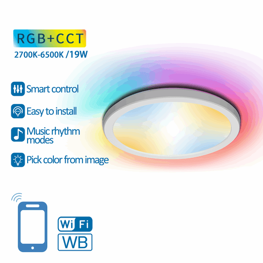 Een moderne, ronde plafondlamp met RGB+CCT-verlichting, die kleurrijke lichteffecten uitstraalt. Geschikt voor smart home-omgevingen met Wi-Fi en appbediening.