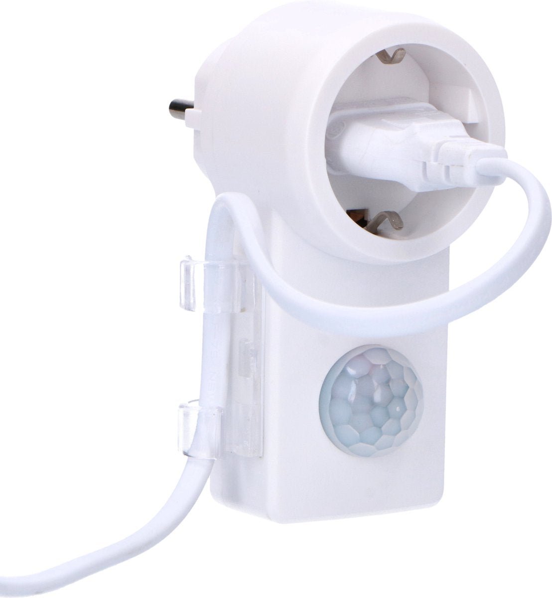 Een witte, compacte bewegingssensor met een Europese stekker, voorzien van een ronde, facettenrijke sensor. Geschikt voor automatische verlichting in huis en kantoor.