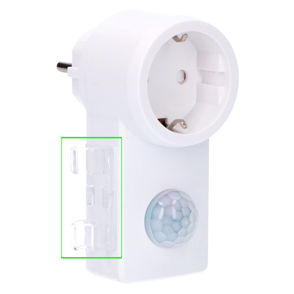 Een witte, compacte bewegingssensor met een Europese stekker en een ronde, facettenrijke sensor. Geschikt voor automatische verlichting in huis of kantoor.