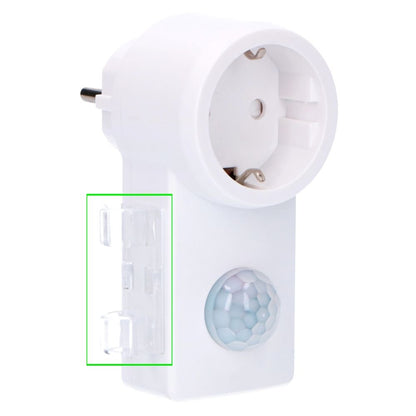Een witte, compacte bewegingssensor met een Europese stekker en een ronde, facettenrijke sensor. Geschikt voor automatische verlichting in huis of kantoor.