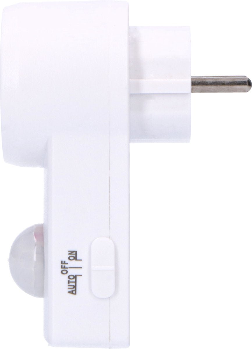 Een witte, compacte bewegingssensor met een Europese stekker en een ronde, facettenrijke sensor. Geschikt voor automatische verlichting in huis of kantoor.