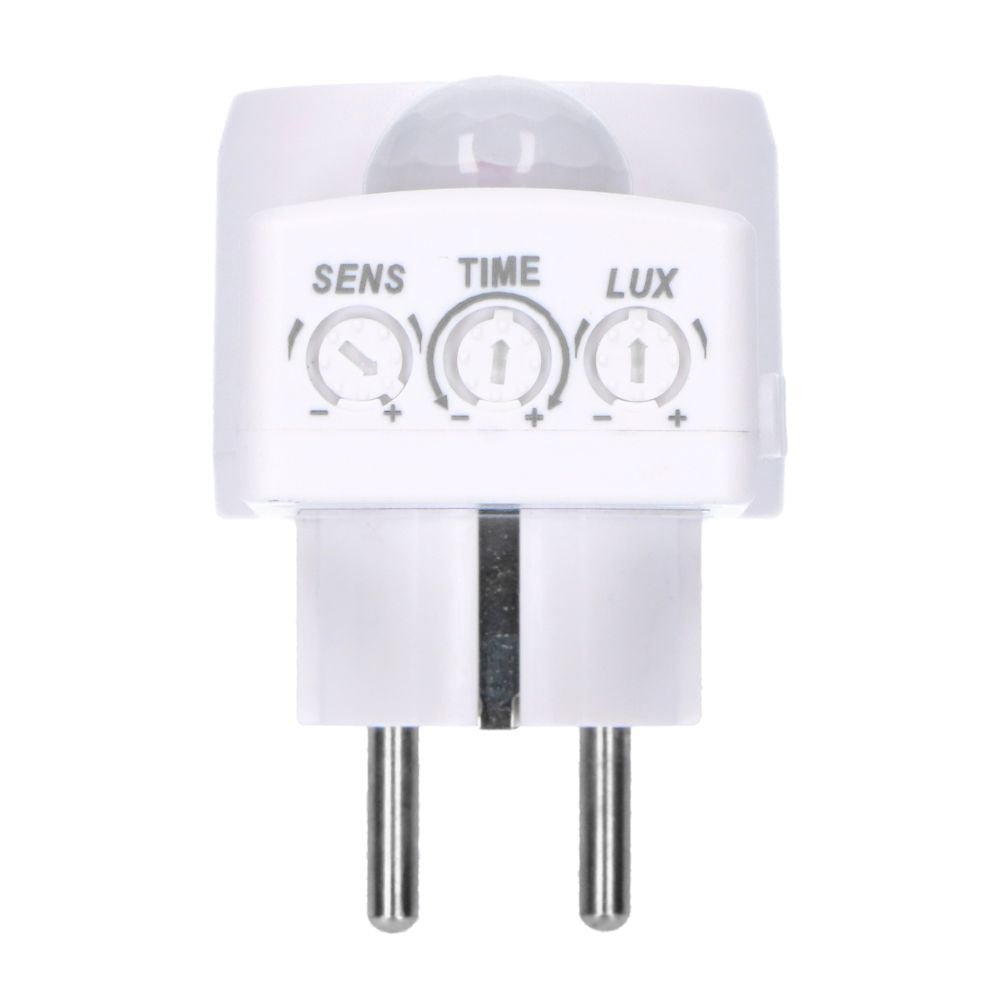 Een witte, compacte bewegingssensor met een Europese stekker en een ronde, facettenrijke sensor. Geschikt voor automatische verlichting in huis of kantoor.