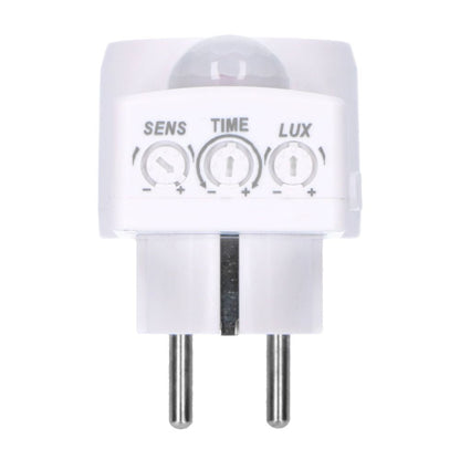 Een witte, compacte bewegingssensor met een Europese stekker en een ronde, facettenrijke sensor. Geschikt voor automatische verlichting in huis of kantoor.