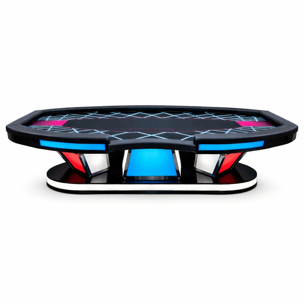 Een futuristisch poker-tafelmodel met glanzend zwart frame, neonblauwe en roze verlichting, en een gestreept speelvlak. Ideaal voor gaming-ruimtes of casino’s met een moderne, elektronische uitstraling.