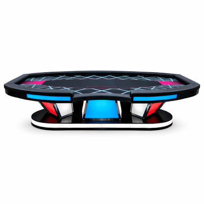 Een futuristisch poker-tafelmodel met glanzend zwart frame, neonblauwe en roze verlichting, en een gestreept speelvlak. Ideaal voor gaming-ruimtes of casino’s met een moderne, elektronische uitstraling.