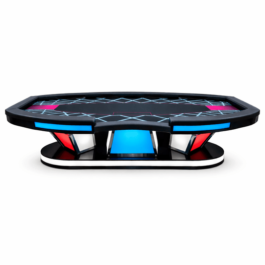 Een futuristisch poker-tafelmodel met glanzend zwart frame, neonblauwe en roze verlichting, en een gestreept speelvlak. Ideaal voor gaming-ruimtes of casino’s met een moderne, elektronische uitstraling.