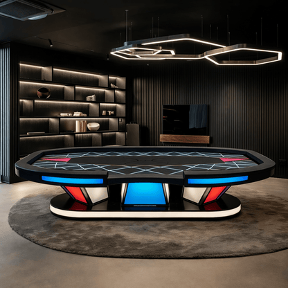Een futuristisch poker-tafelmodel met glanzend zwart oppervlak, neonblauwe en roze verlichting, en een opvallende LED-geïnspireerde onderbouw voor gaming- en entertainmentruimtes.