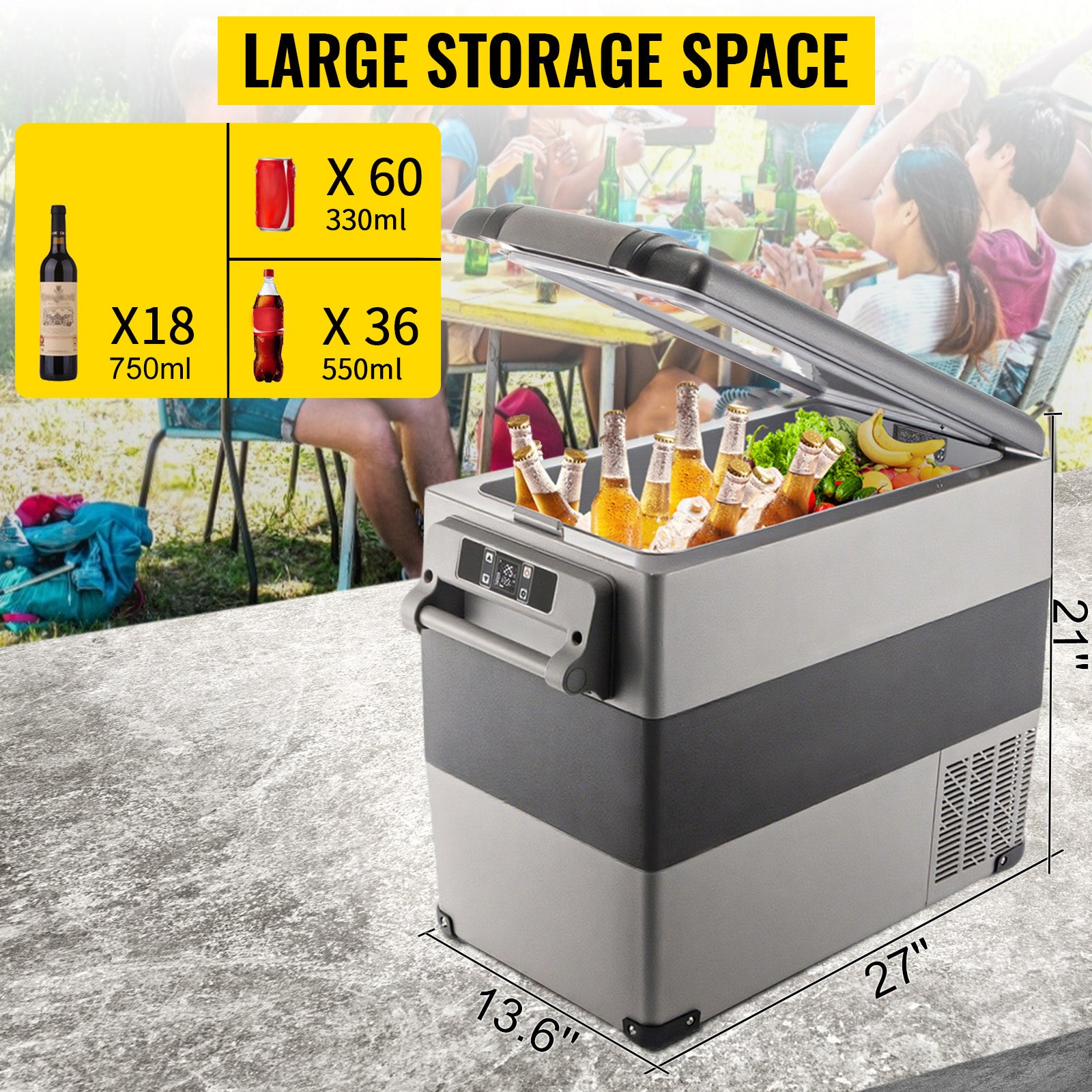 Zwart-grijze draadloze koelbox met digitale display en drinkbekers, geschikt voor kantoor- en reisgebruik. Toont dranken, ijsblokjes en oplaadaccessoi