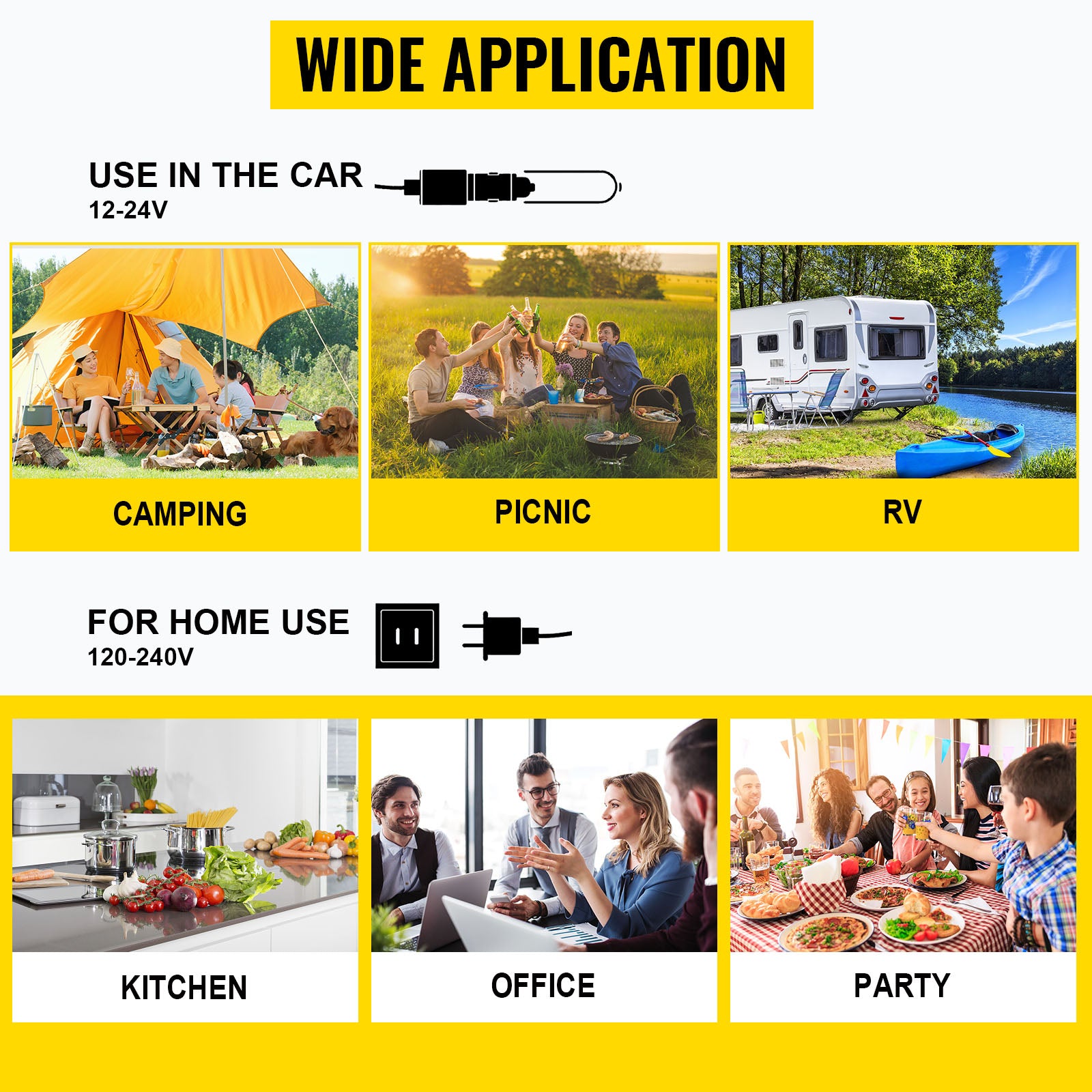 De VEVOR koelbox met wielen en digitale display, gevuld met groene blikjes en blauwe flessen, toont een slimme app-verbinding voor outdoor-cooling. Ge