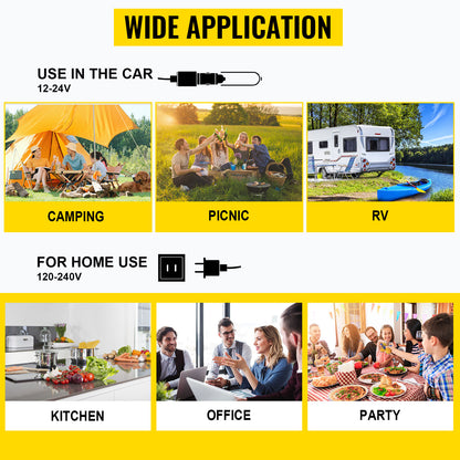 De VEVOR koelbox met wielen en digitale display, gevuld met groene blikjes en blauwe flessen, toont een slimme app-verbinding voor outdoor-cooling. Ge