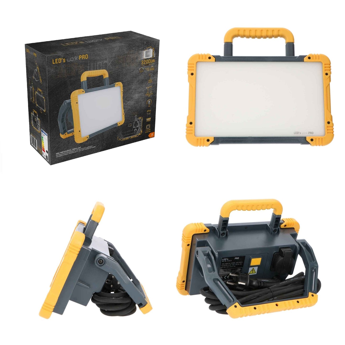 Een robuuste, gele en zwarte LED werklicht met handvat en kabel, geschikt voor professionele gebruik in werkomgevingen. Zichtbaar merk: LED’s work PRO.