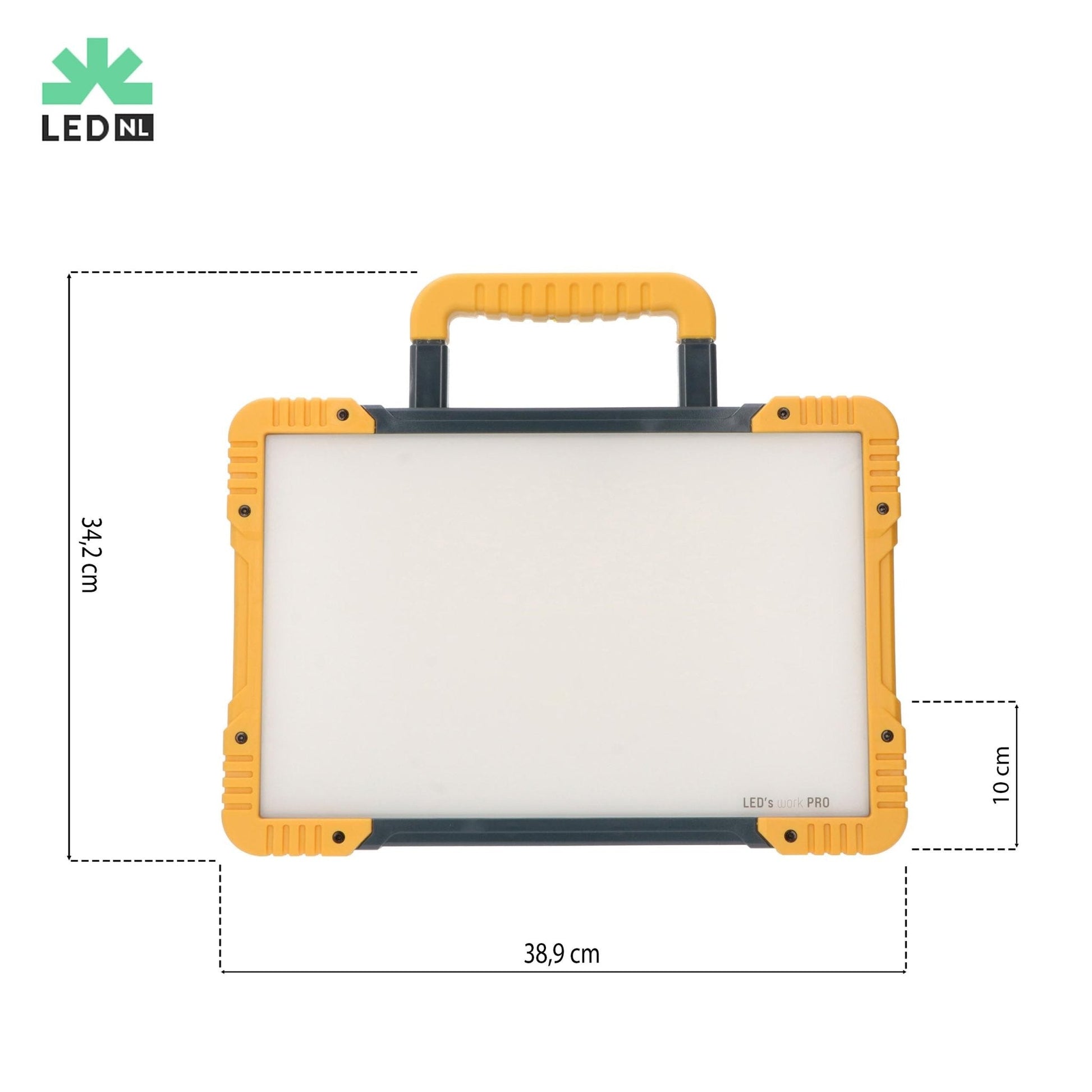 LED’s work PRO professionele werklicht met robuust geel-zwart frame, witte LED-oppervlakte en opgerolde kabel, geschikt voor bouw- en reparatiewerkzaamheden.