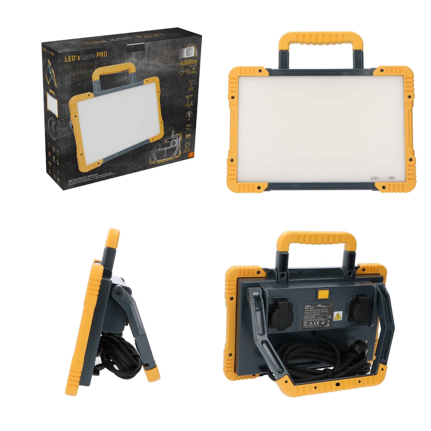 LED’s work PRO professionele werklicht met robuust geel-zwart frame, witte verlichtingsvlak en opvouwbare handgreep. Geschikt voor bouw- en reparatiewerkzaamheden, inclusief oplader en kabel.