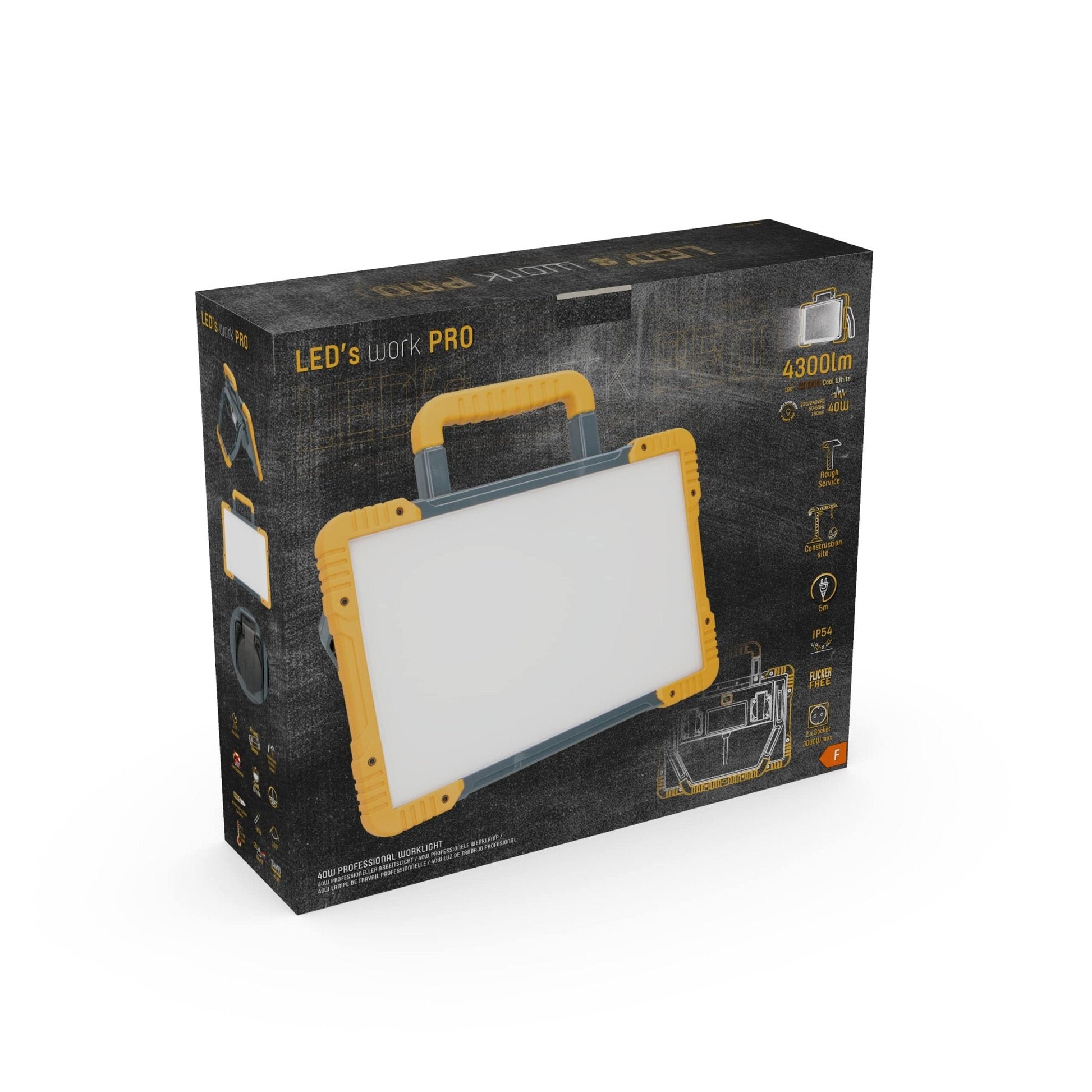 LED’s work PRO werklicht met robuust geel-zwart frame en verstelbare handgreep, uitgerust met kabel en verpakking, geschikt voor professioneel gebruik in workshops en bouwplaatsen.
