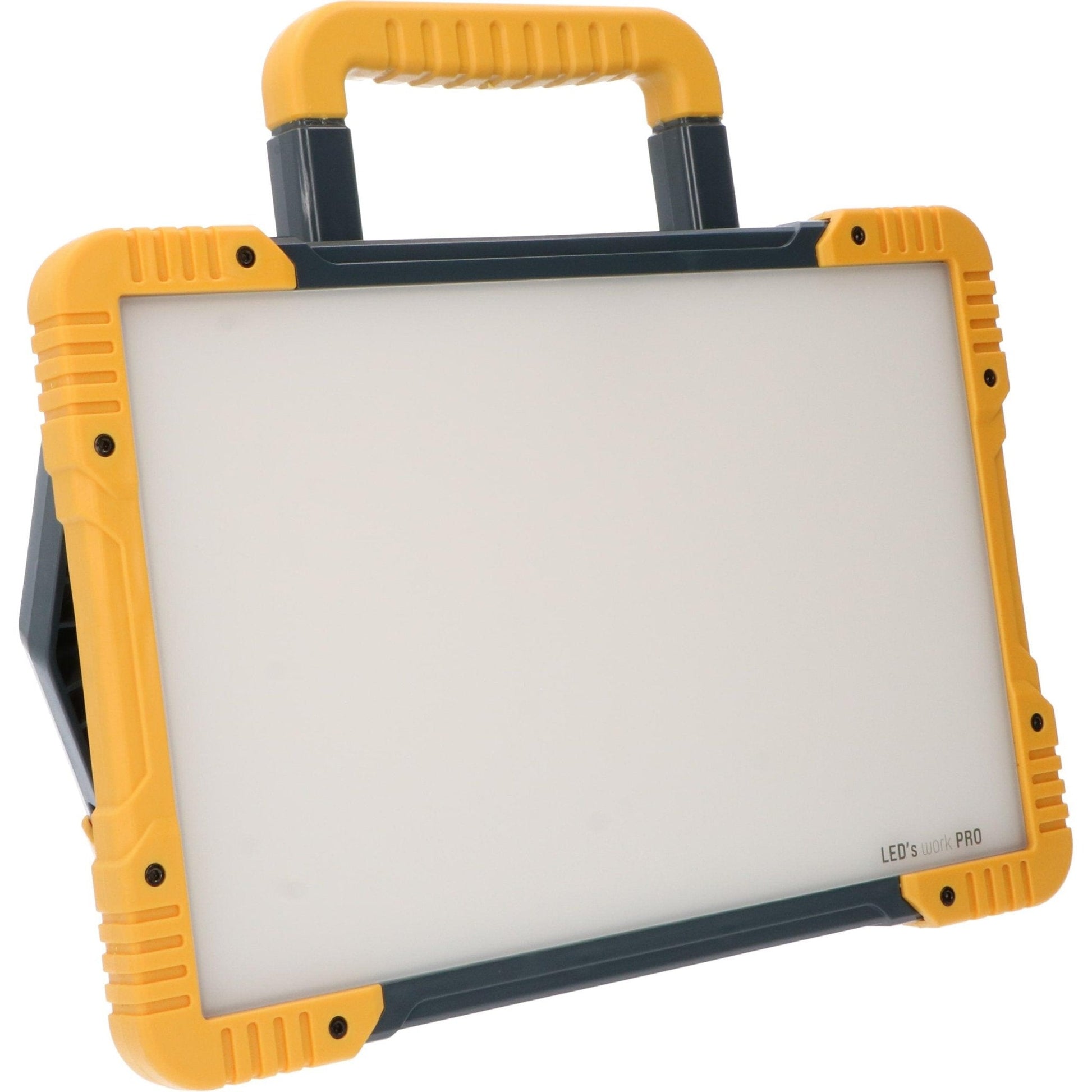 LED’s work PRO professionele werklamp met robuust geel-zwart frame, witte verlichtingsvlak en opgerolde kabel, geschikt voor bouw- en reparatiewerkzaamheden.