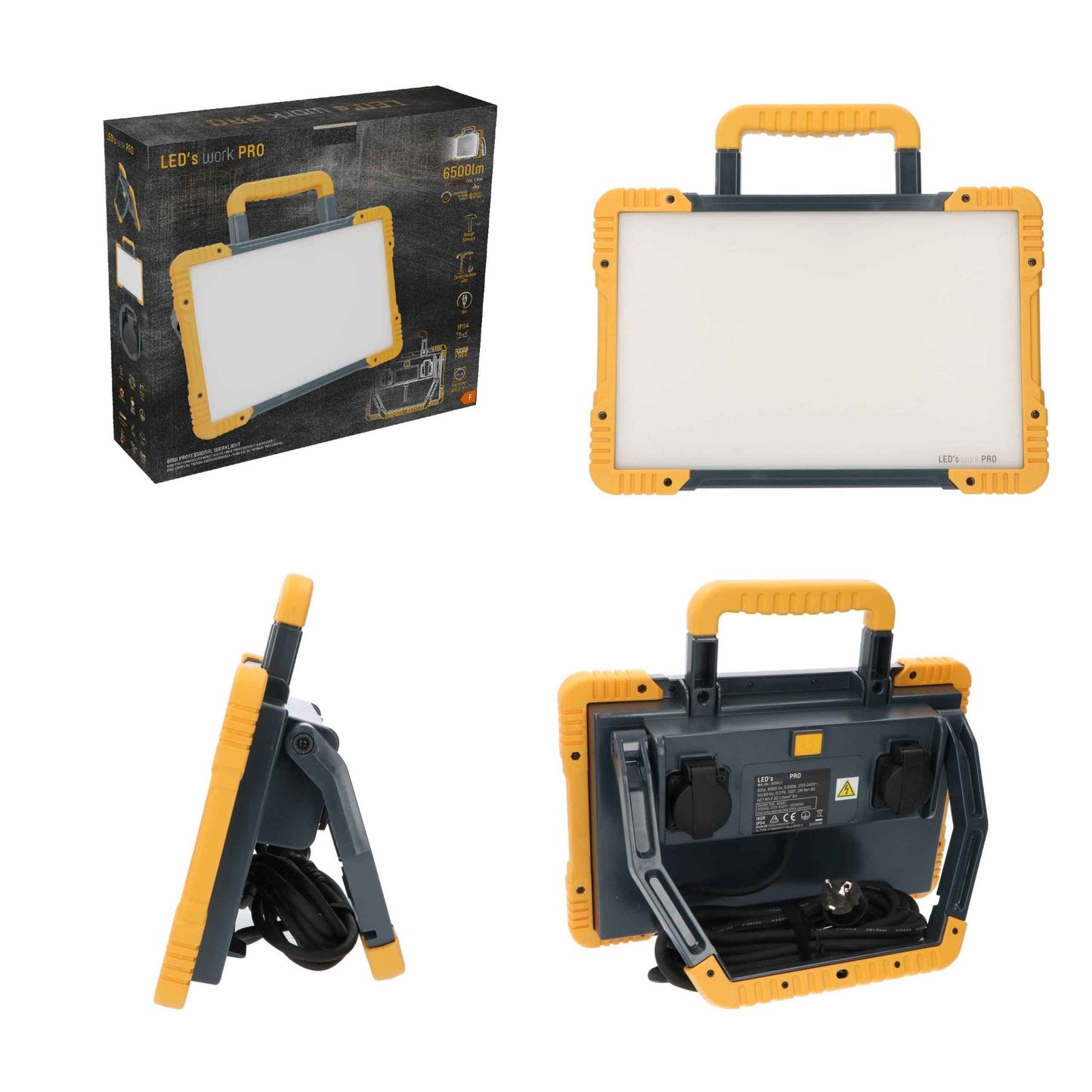 LED’s work PRO werkt als professionele, draagbare werklamp met robuust geel-zwart frame en handvat. Geschikt voor bouwplaatsen en reparatiewerkzaamheden waar helder, betrouwbaar licht nodig is.