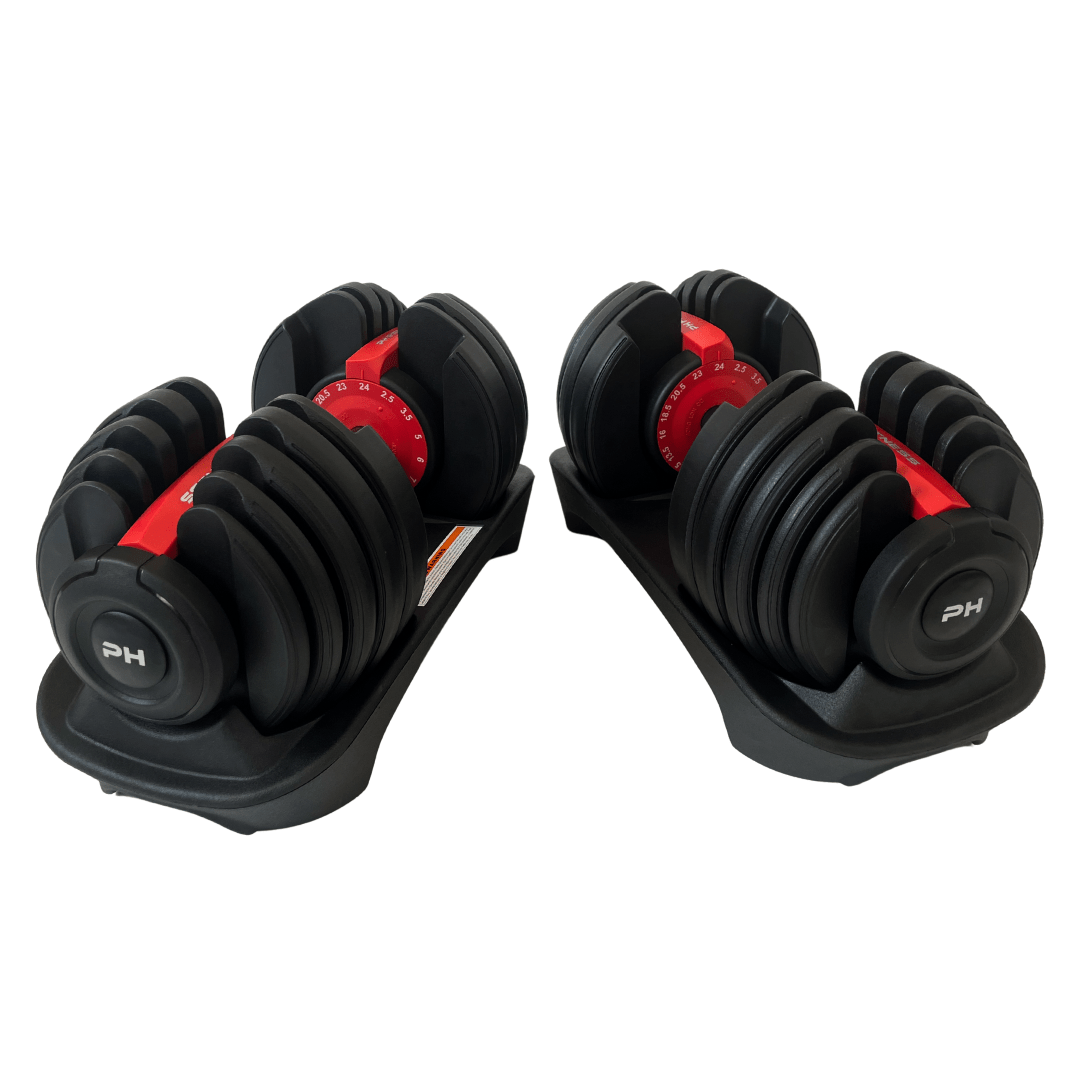 Zwarte aanpasbare dumbbells met rode schuifregelaar en PH-logo, geplaatst op een zwart houder. Ideaal voor thuisfitness en gewichtstraining met flexibele weerstand.