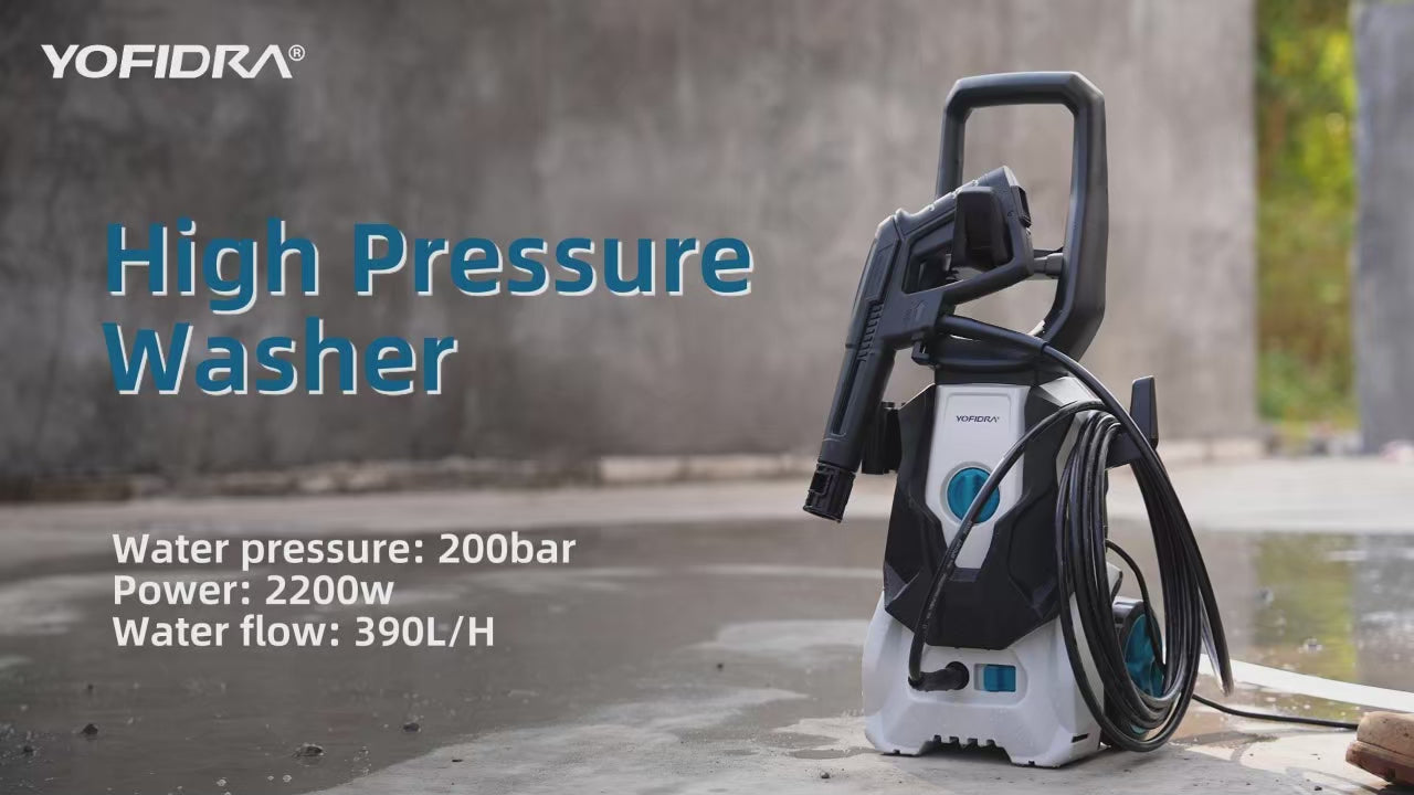 YOFIDRA 200Bar Elektrische Hogedruk Autowaspistool - Krachtige reiniging voor tuin en industrie - 2200W motor - 8m spuit - productvideo