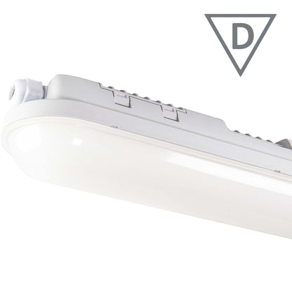 Een witte, moderne LED-verlichting met een glanzende, afgeronde kap en een textuurrijke behuizing. Geschikt voor industriële of commerciële ruimtes met hoge lichtkracht.
