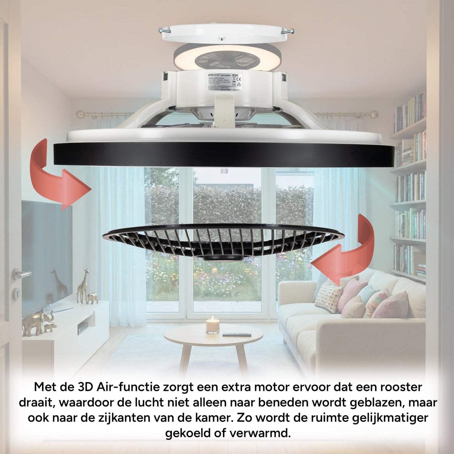 Proventa 3D Air Plafondlamp met Ventilator 60cm - Full room luchtcirculatie - Zomer & Winterstand – Licht en kleurtemperatuur instelbaar