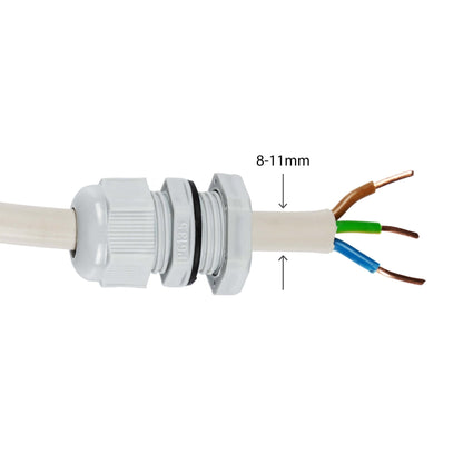Grijze, waterdichte LED-buis van 150 cm met IP65-klasse, geschikt voor buitenverlichting. Transparante behuizing met zichtbare lampen en metalen aansluiting.