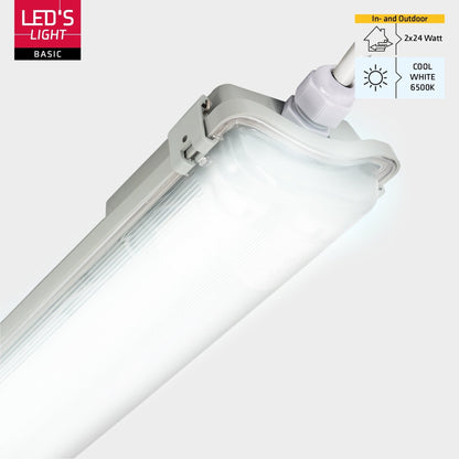 Zilverkleurige LED-verlichting met transparante, geribbelde behuizing en witte aansluiting. Geschikt voor industriële ruimtes en magazijnen met hoge lichtkracht.