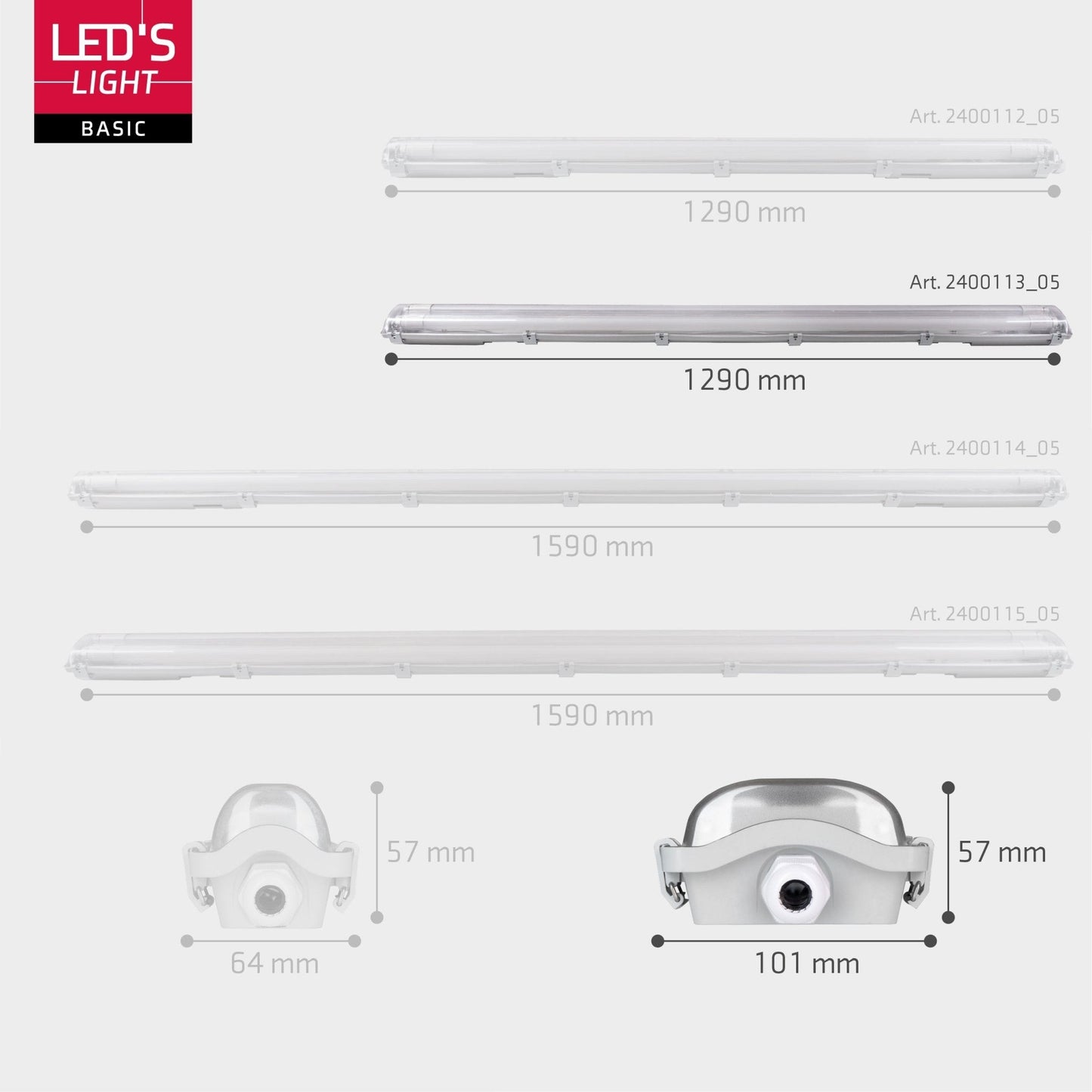 Grijze LED-verlichting met transparante kap en witte aansluiting, inclusief twee witte T8-LED-buizen en een gouden verpakking, geschikt voor industriële of commerciële ruimtes.