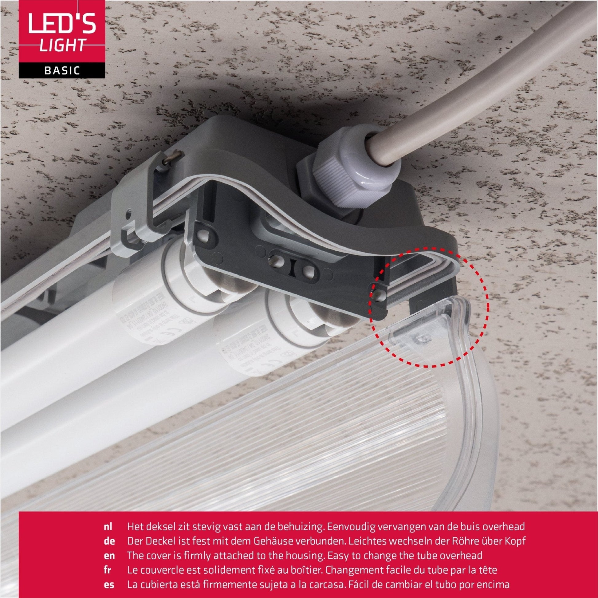 Grijze LED-verlichtingsunit met transparante beschermkap en witte aansluiting, inclusief twee witte T8 LED-buisjes en een gouden verpakking voor professionele installatie in kantoren of magazijnen.