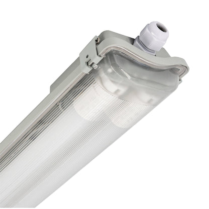 Grijze LED-buisverlichting met transparante beschermkap en witte aansluiting, inclusief twee witte T8-LED-buizen en een gouden verpakking voor professionele installatie in kantoren of magazijnen.