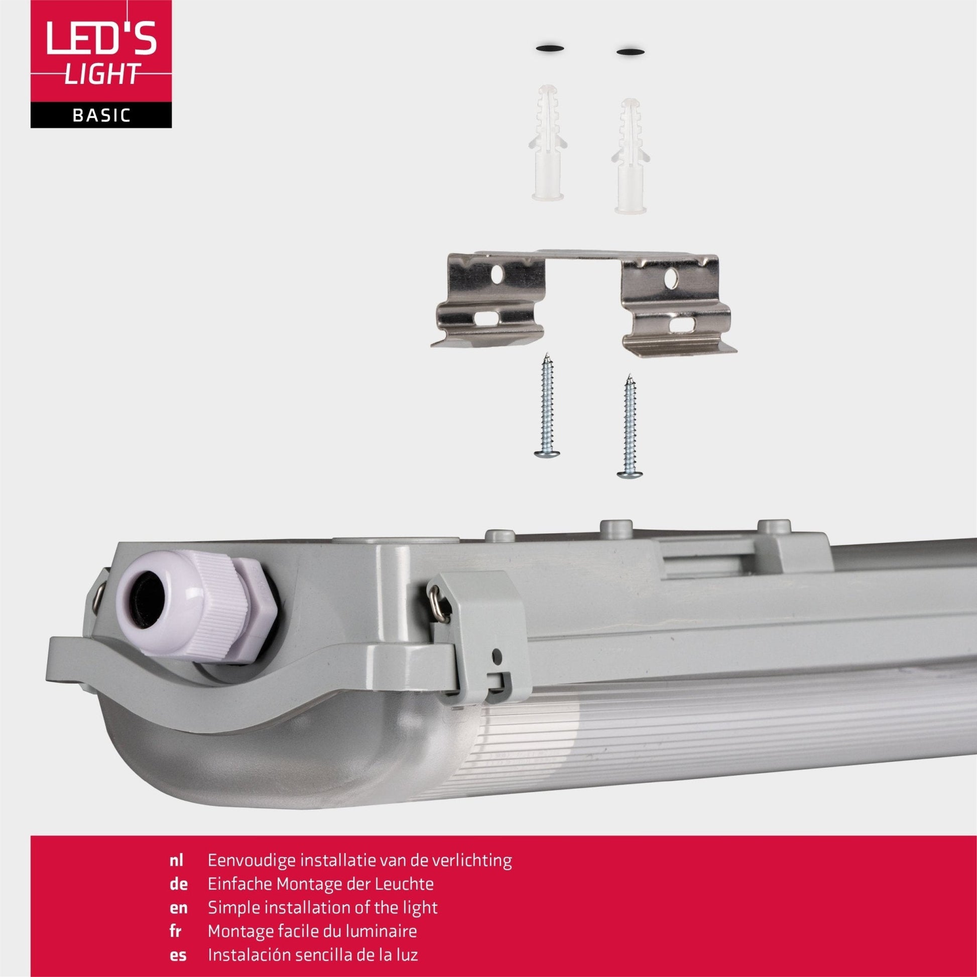 Grijze LED-verlichting met transparante beschermkap en witte aansluiting, inclusief twee witte T8-bulbs en een gouden verpakking voor professionele installatie in kantoren of magazijnen.
