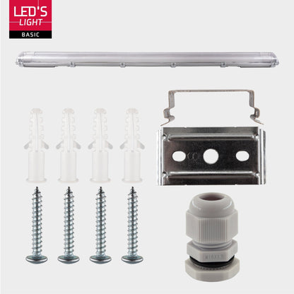 Grijze LED-verlichtingsunit met transparante beschermkap en witte aansluiting, inclusief twee witte T8 LED-buisjes en een gouden verpakking voor professionele installatie in kantoren of magazijnen.